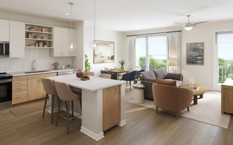 a kitchen and living room