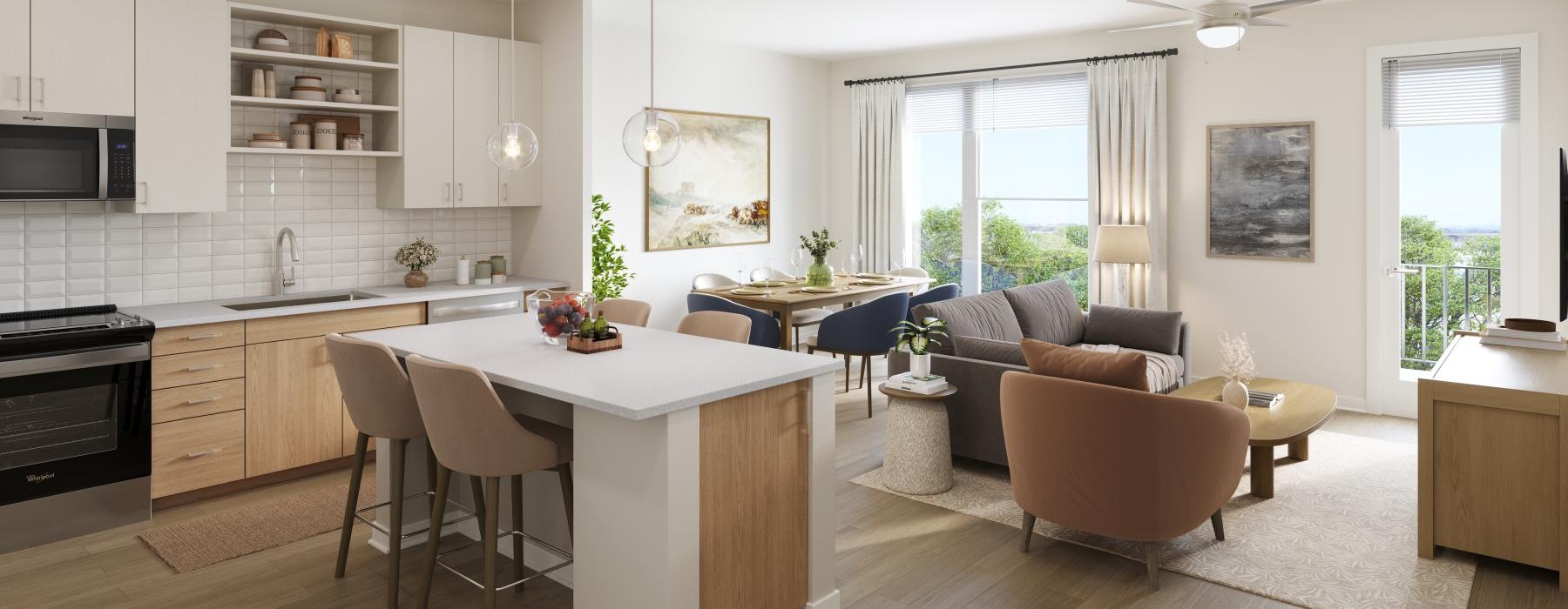 a kitchen and living room